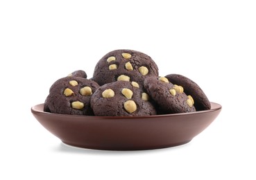 Photo of Tasty chocolate cookies with hazelnuts in bowl isolated on white