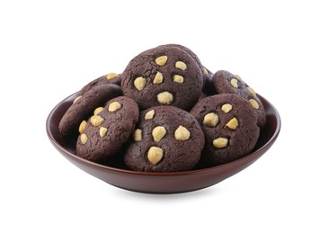 Photo of Tasty chocolate cookies with hazelnuts in bowl isolated on white