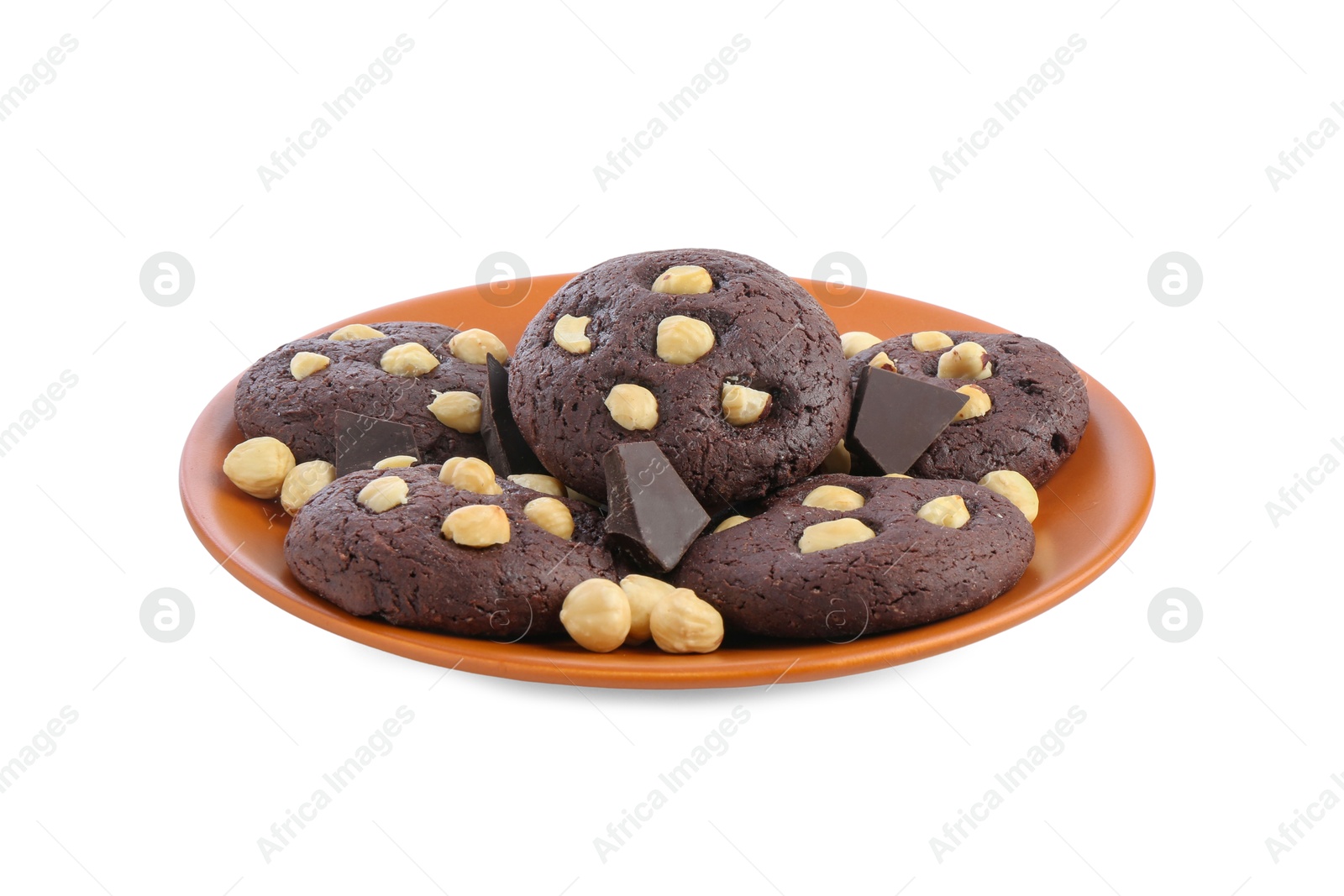 Photo of Tasty chocolate cookies with hazelnuts isolated on white