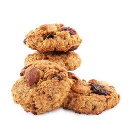 Photo of Delicious oatmeal cookies with dried cranberries and nuts isolated on white