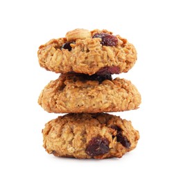 Photo of Stack of delicious oatmeal cookies with dried cranberries and nuts isolated on white