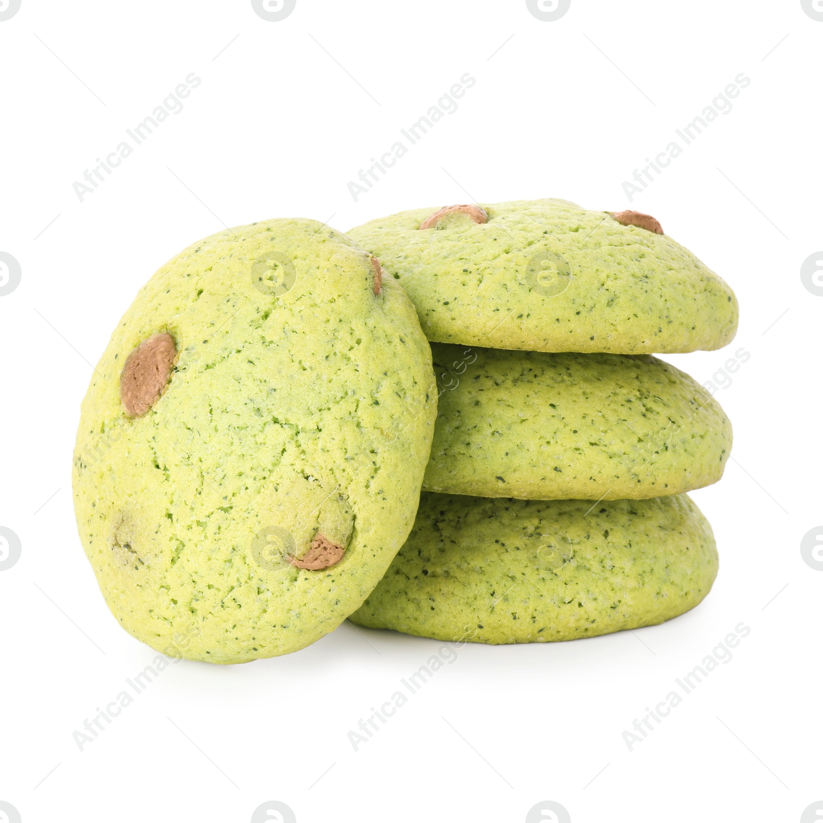 Photo of Delicious mint chocolate chip cookies isolated on white