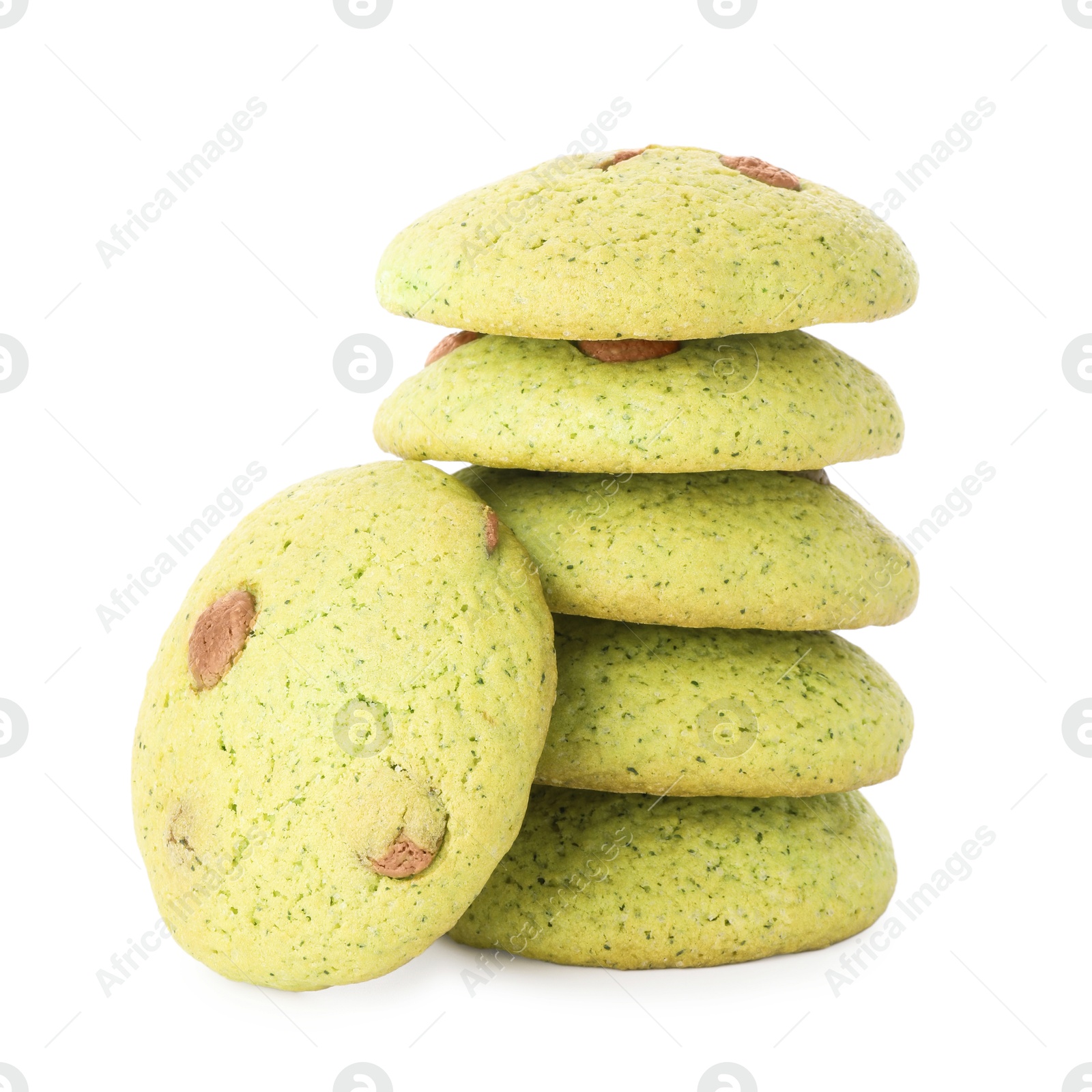 Photo of Delicious mint chocolate chip cookies isolated on white