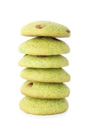 Photo of Stack of delicious mint chocolate chip cookies isolated on white