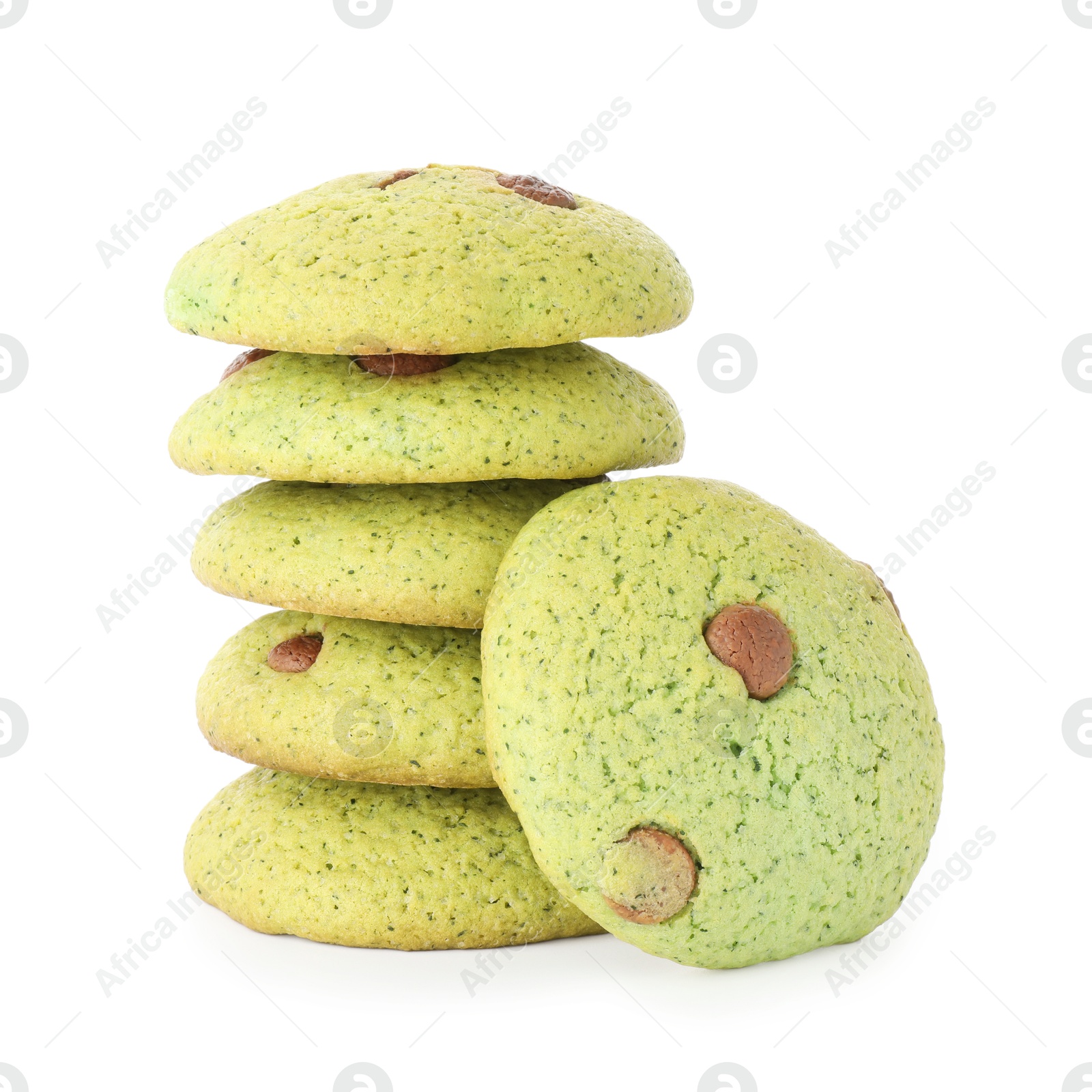 Photo of Delicious mint chocolate chip cookies isolated on white