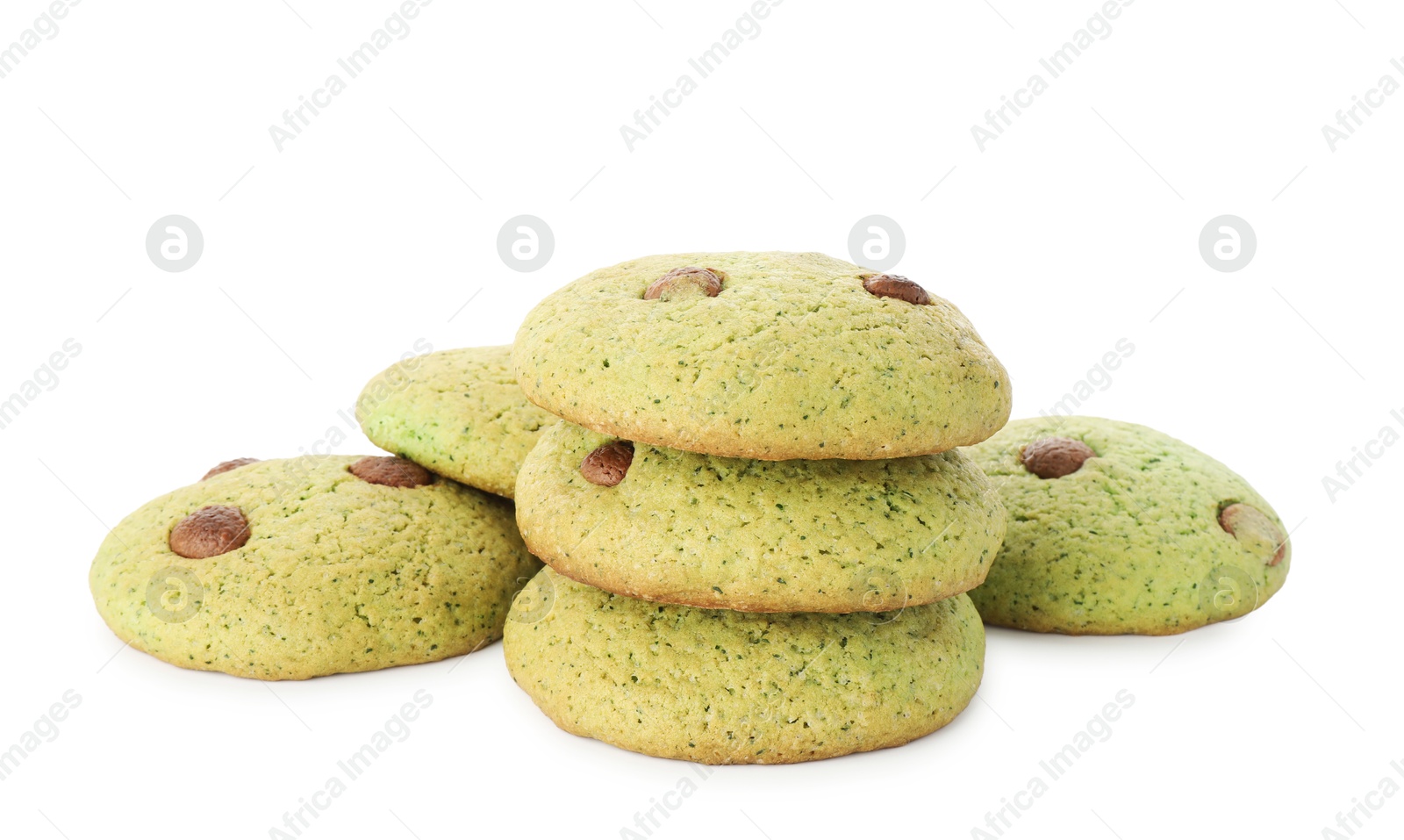 Photo of Delicious mint chocolate chip cookies isolated on white