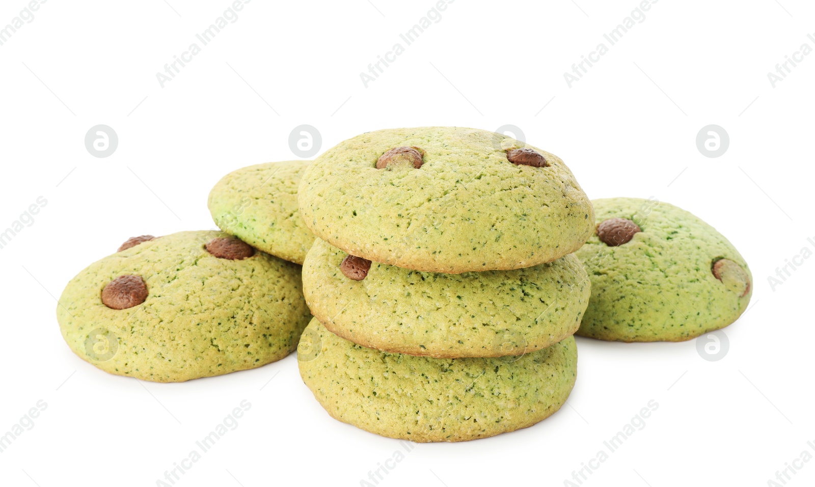 Photo of Delicious mint chocolate chip cookies isolated on white