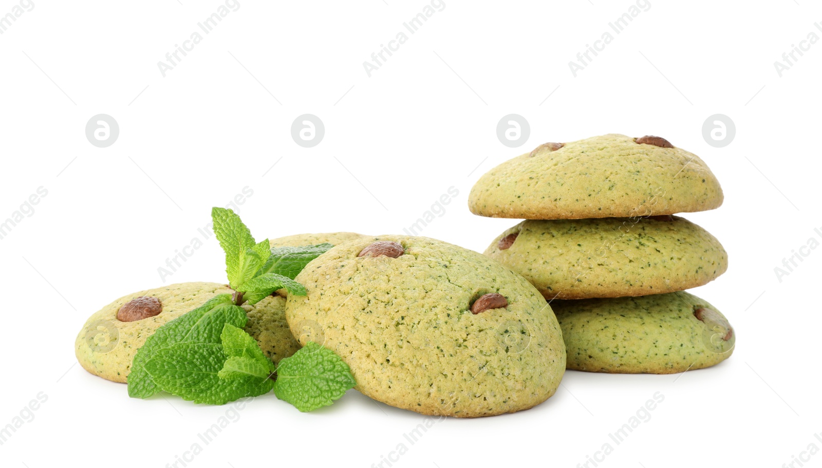 Photo of Delicious mint chocolate chip cookies isolated on white