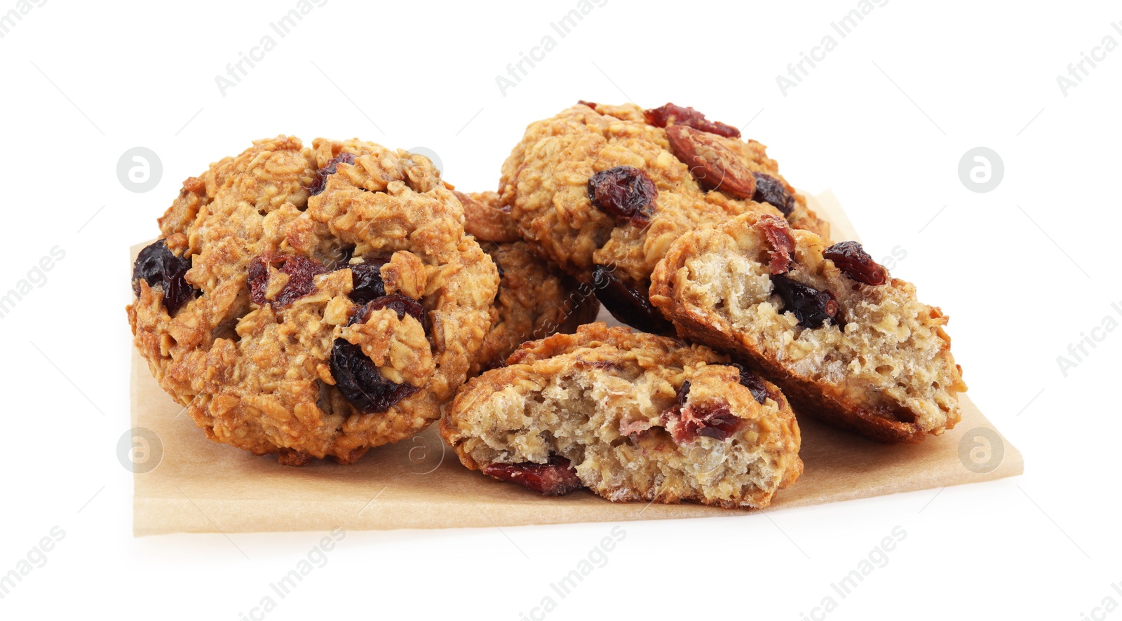 Photo of Delicious oatmeal cookies with dried cranberries and nuts isolated on white