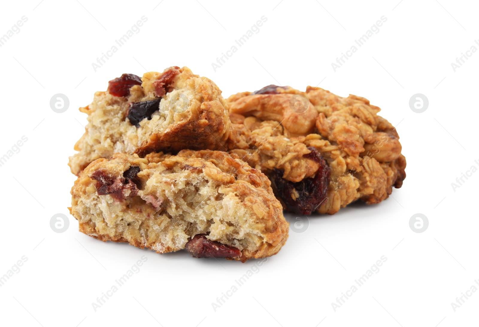 Photo of Delicious oatmeal cookies with dried cranberries and nuts isolated on white