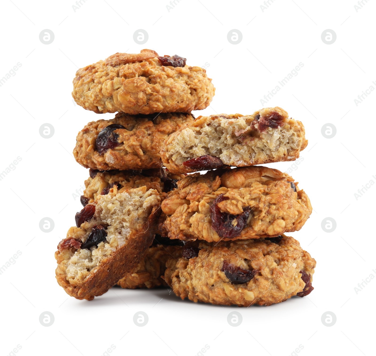 Photo of Delicious oatmeal cookies with dried cranberries and nuts isolated on white