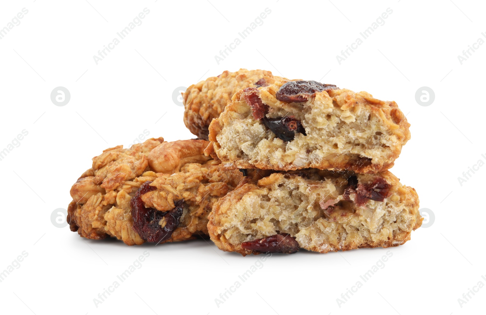 Photo of Delicious oatmeal cookies with dried cranberries and nuts isolated on white