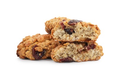 Photo of Delicious oatmeal cookies with dried cranberries and nuts isolated on white