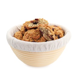 Photo of Delicious oatmeal cookies with dried cranberries and nuts in bowl isolated on white