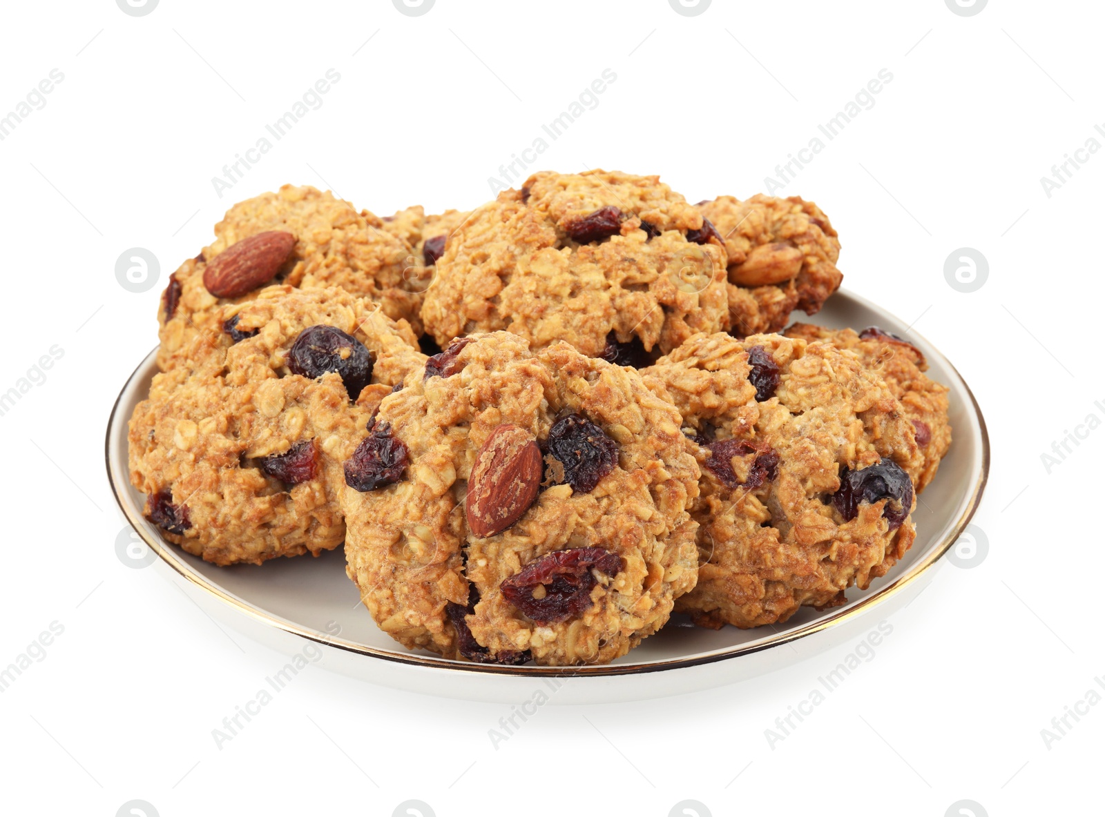 Photo of Delicious oatmeal cookies with dried cranberries and nuts isolated on white