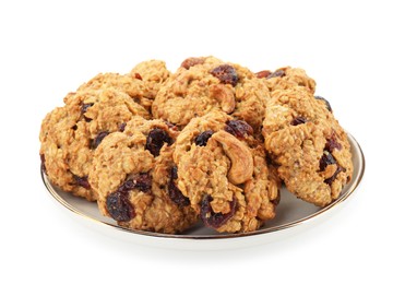 Photo of Delicious oatmeal cookies with dried cranberries and nuts isolated on white