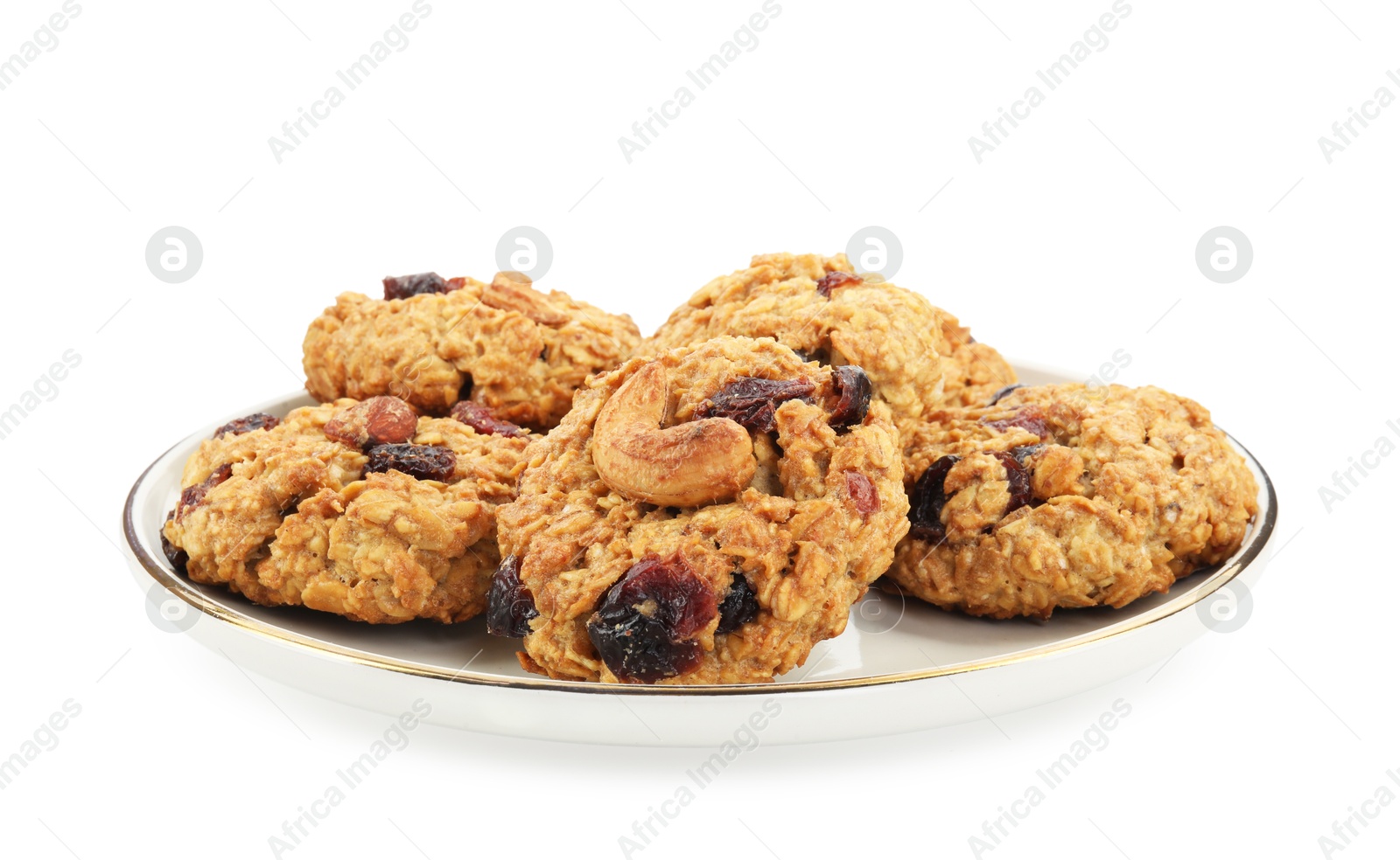 Photo of Delicious oatmeal cookies with dried cranberries and nuts isolated on white