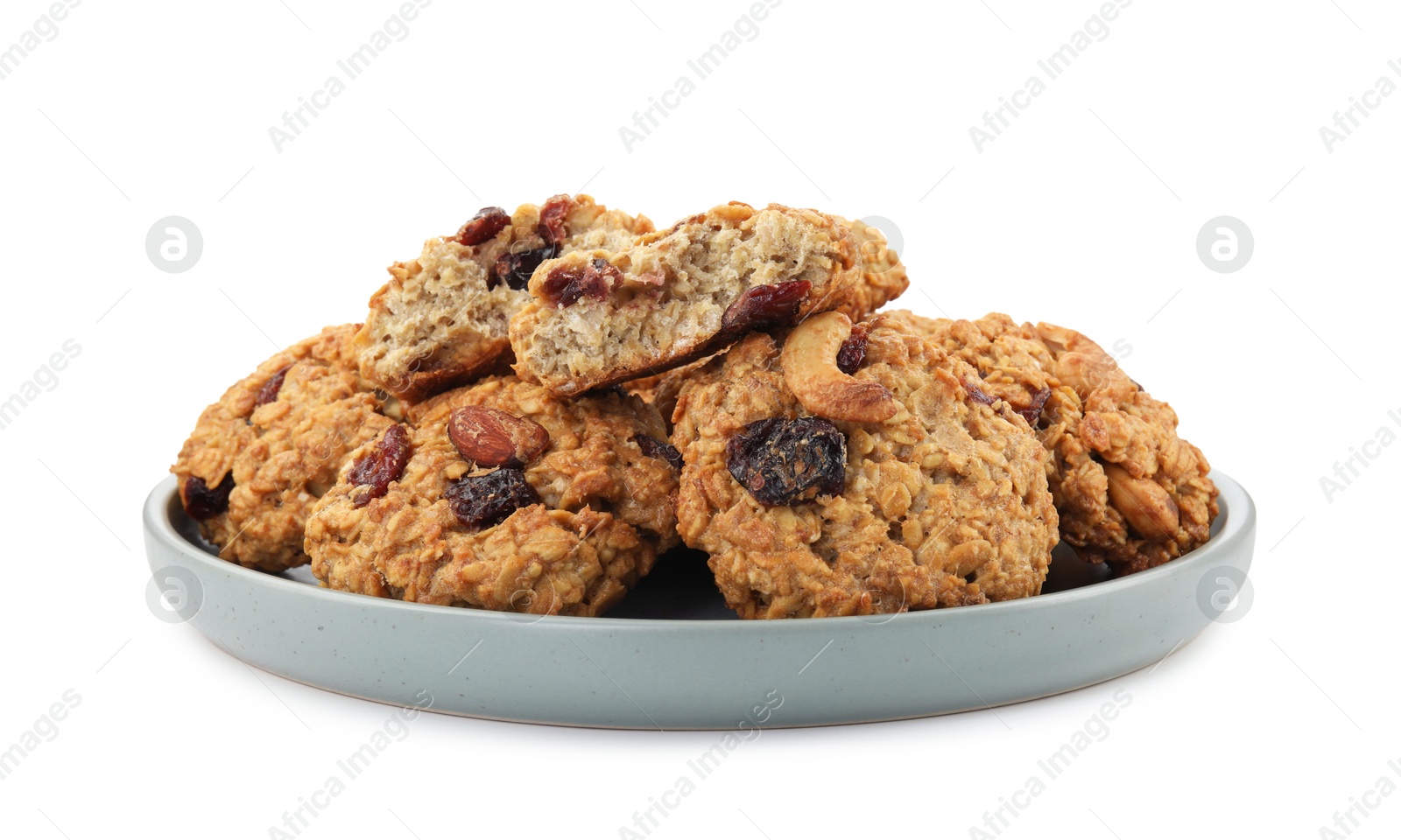 Photo of Delicious oatmeal cookies with dried cranberries and nuts isolated on white