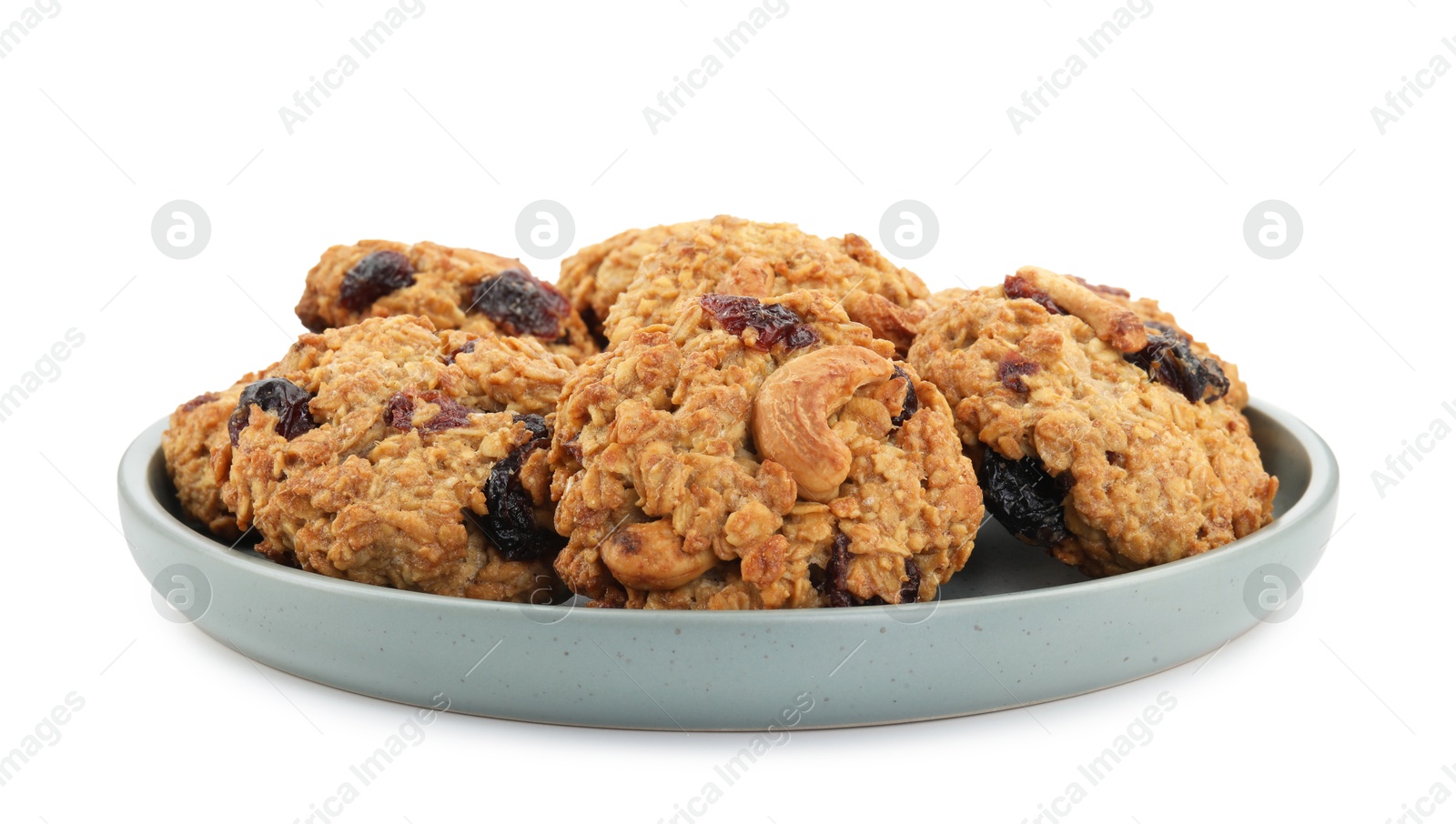 Photo of Delicious oatmeal cookies with dried cranberries and nuts isolated on white