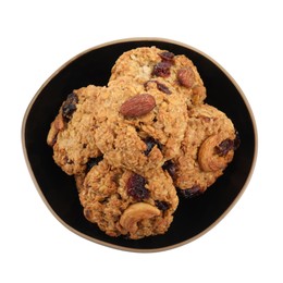 Photo of Delicious oatmeal cookies with dried cranberries and nuts in bowl isolated on white, top view