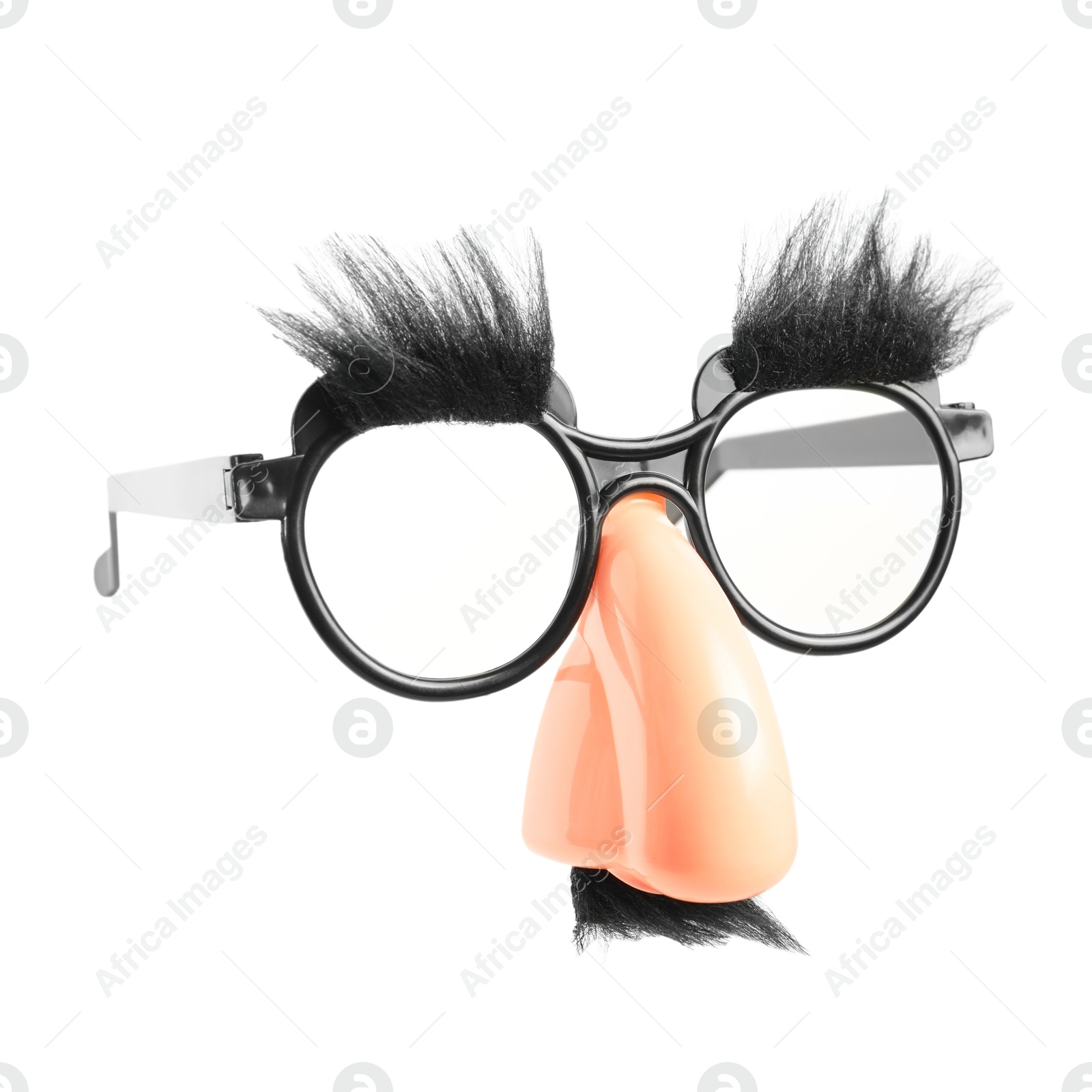 Photo of Funny eyeglasses with fake nose, mustache and eyebrows on white background