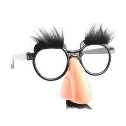 Photo of Funny eyeglasses with fake nose, mustache and eyebrows on white background