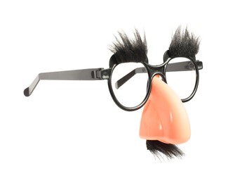 Photo of Funny eyeglasses with fake nose, mustache and eyebrows isolated on white