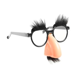 Photo of Funny eyeglasses with fake nose, mustache and eyebrows on white background