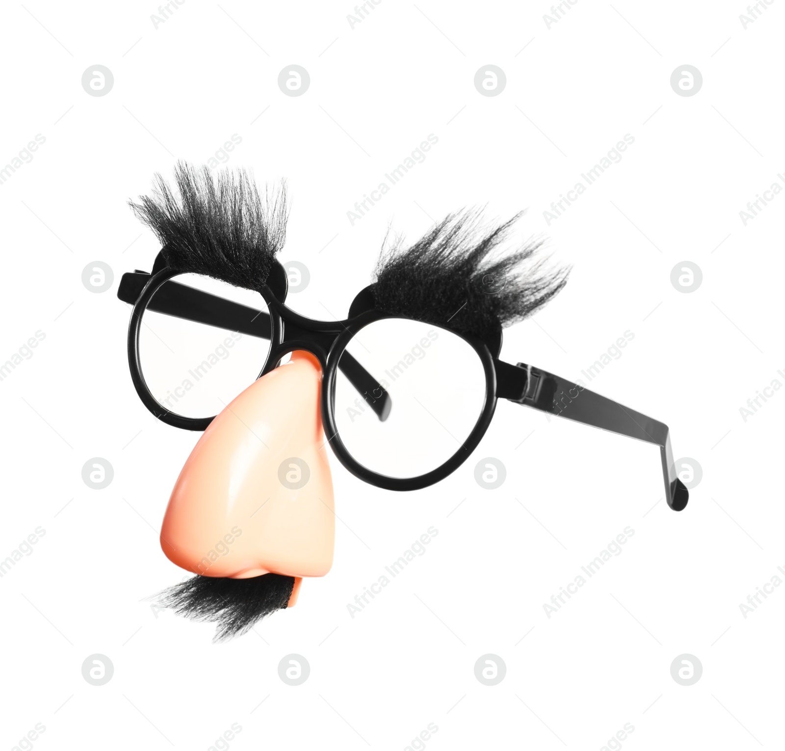 Photo of Funny eyeglasses with fake nose, mustache and eyebrows on white background