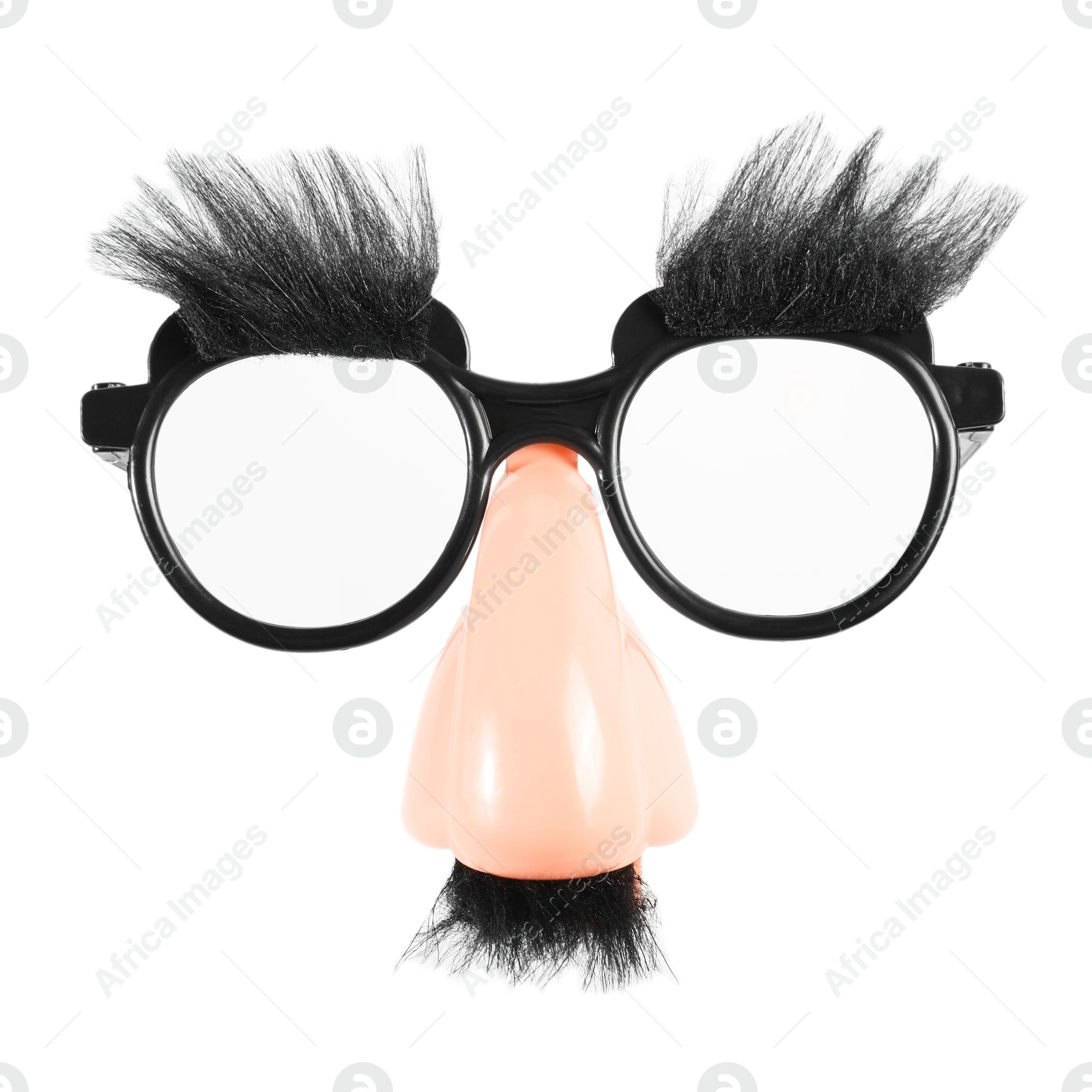 Photo of Funny eyeglasses with fake nose, mustache and eyebrows isolated on white