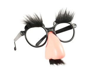 Photo of Funny eyeglasses with fake nose, mustache and eyebrows isolated on white