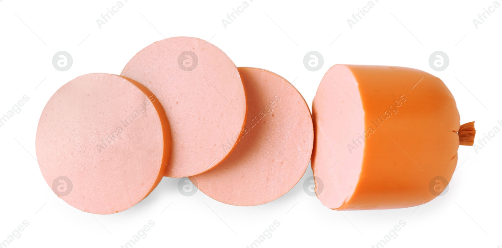 Photo of Pieces of tasty boiled sausage isolated on white, top view