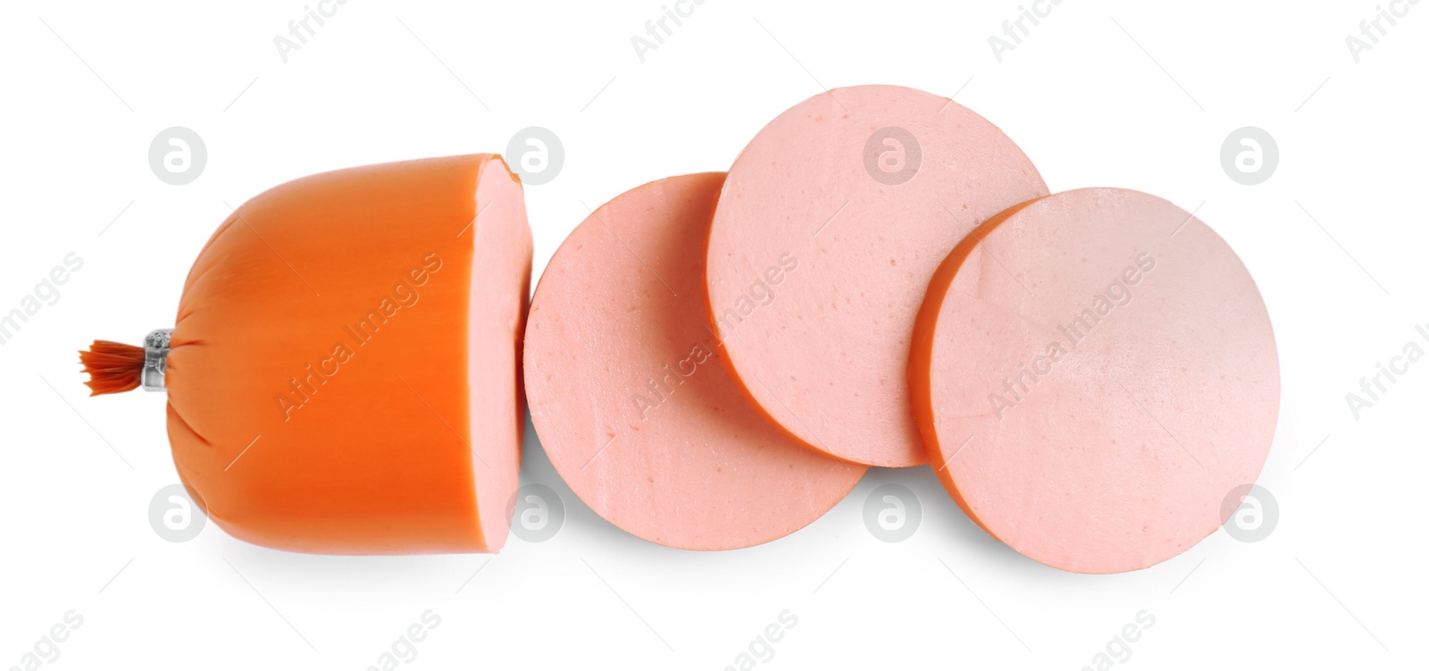 Photo of Pieces of tasty boiled sausage isolated on white, top view