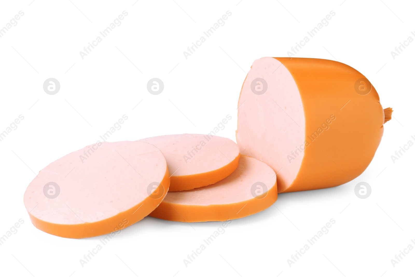 Photo of Pieces of tasty boiled sausage isolated on white