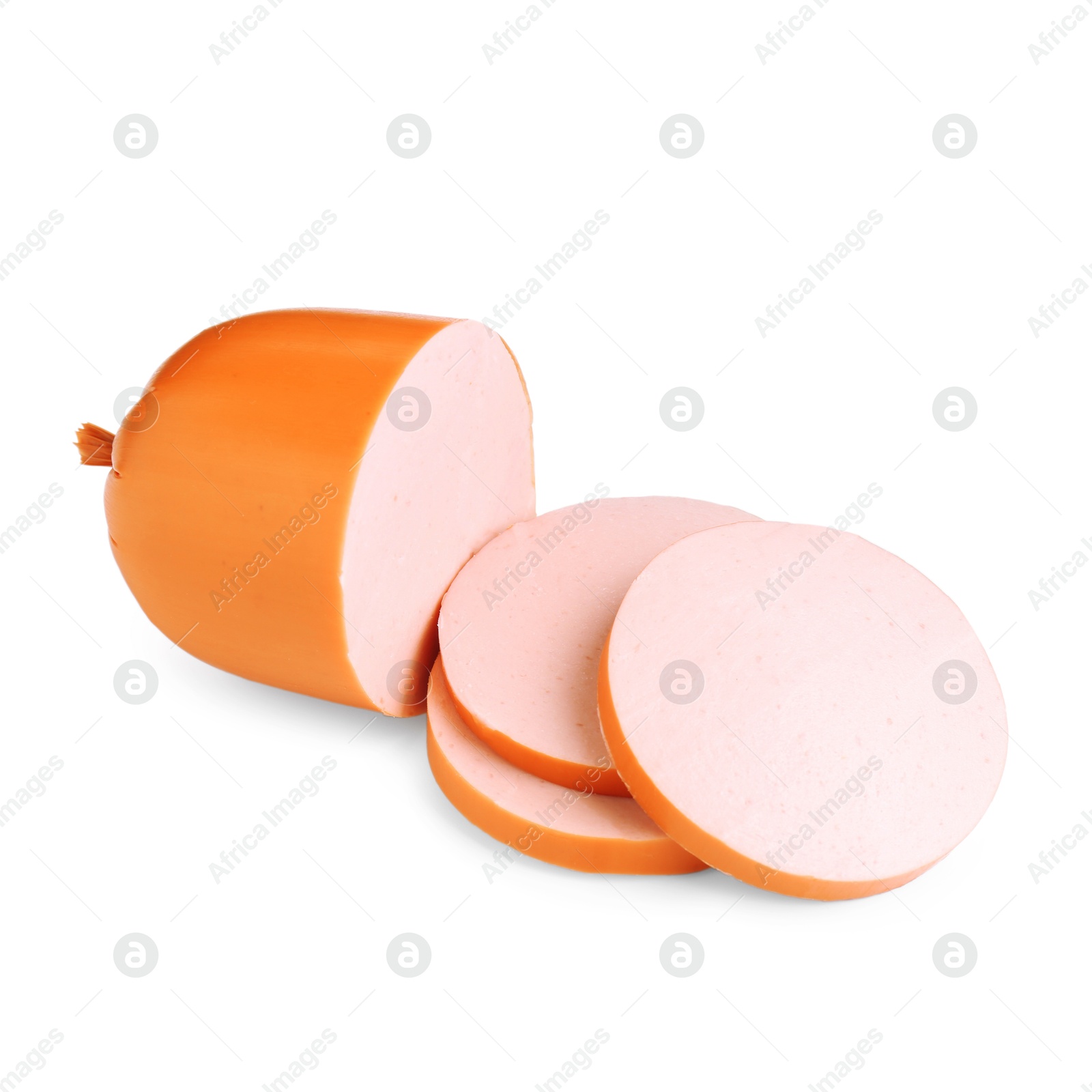 Photo of Pieces of tasty boiled sausage isolated on white