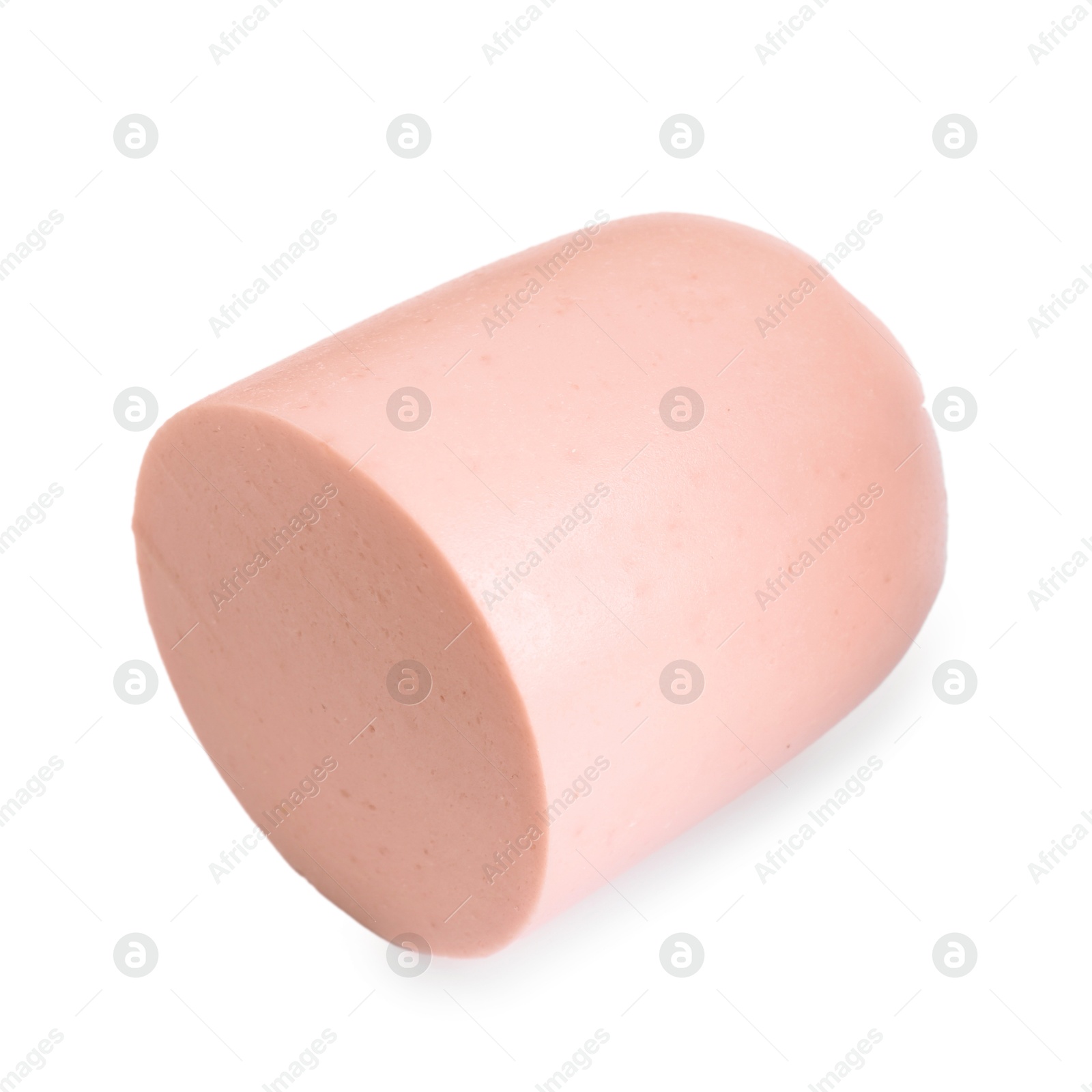 Photo of Piece of tasty boiled sausage isolated on white