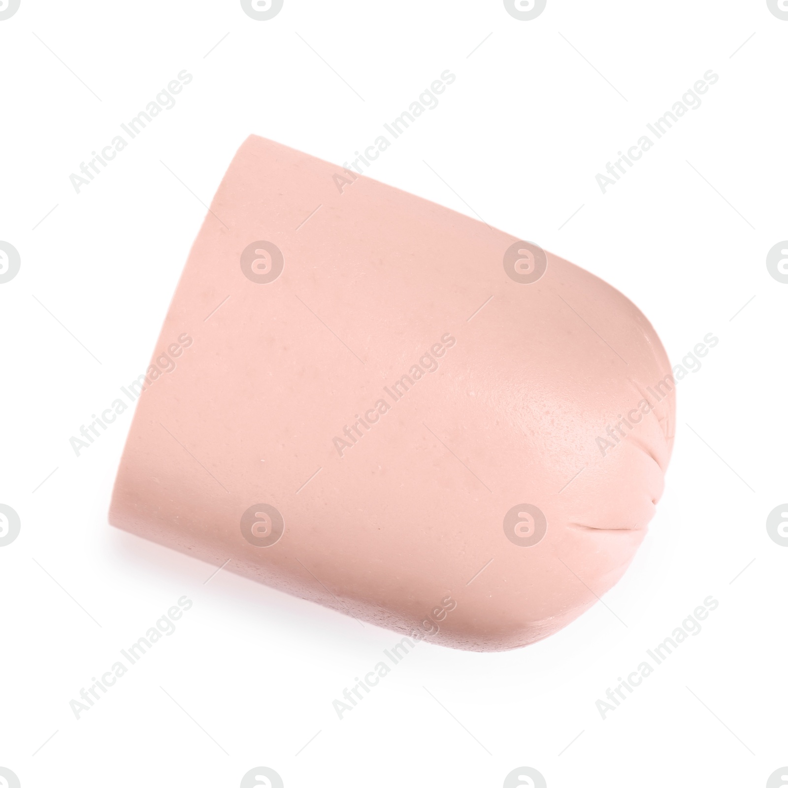 Photo of Piece of tasty boiled sausage isolated on white, top view