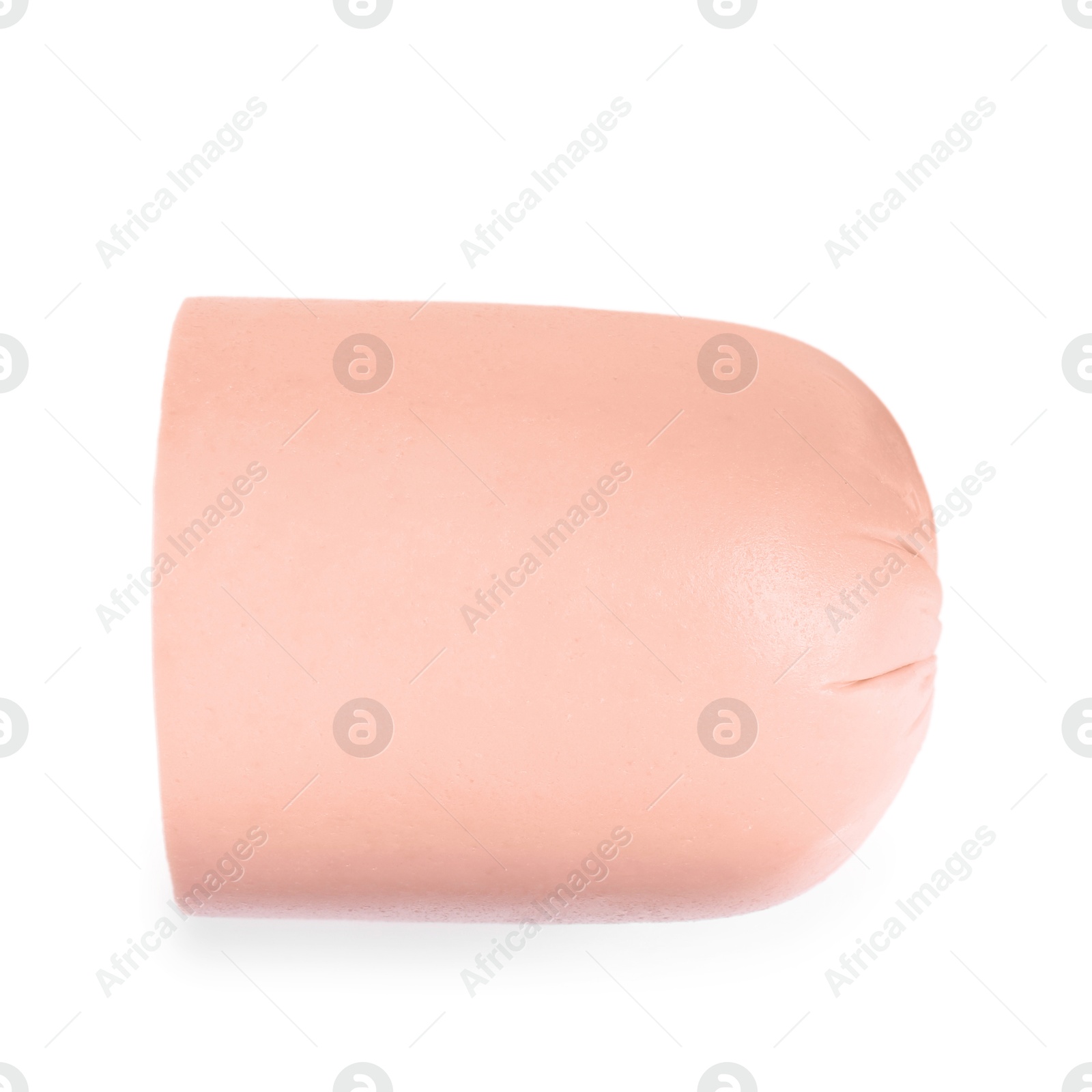 Photo of Piece of tasty boiled sausage isolated on white, top view