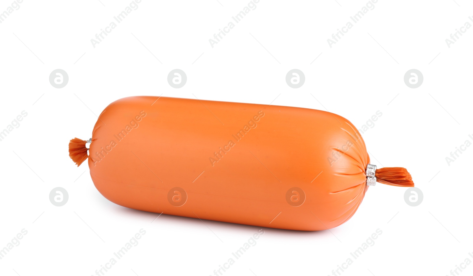 Photo of One tasty boiled sausage isolated on white