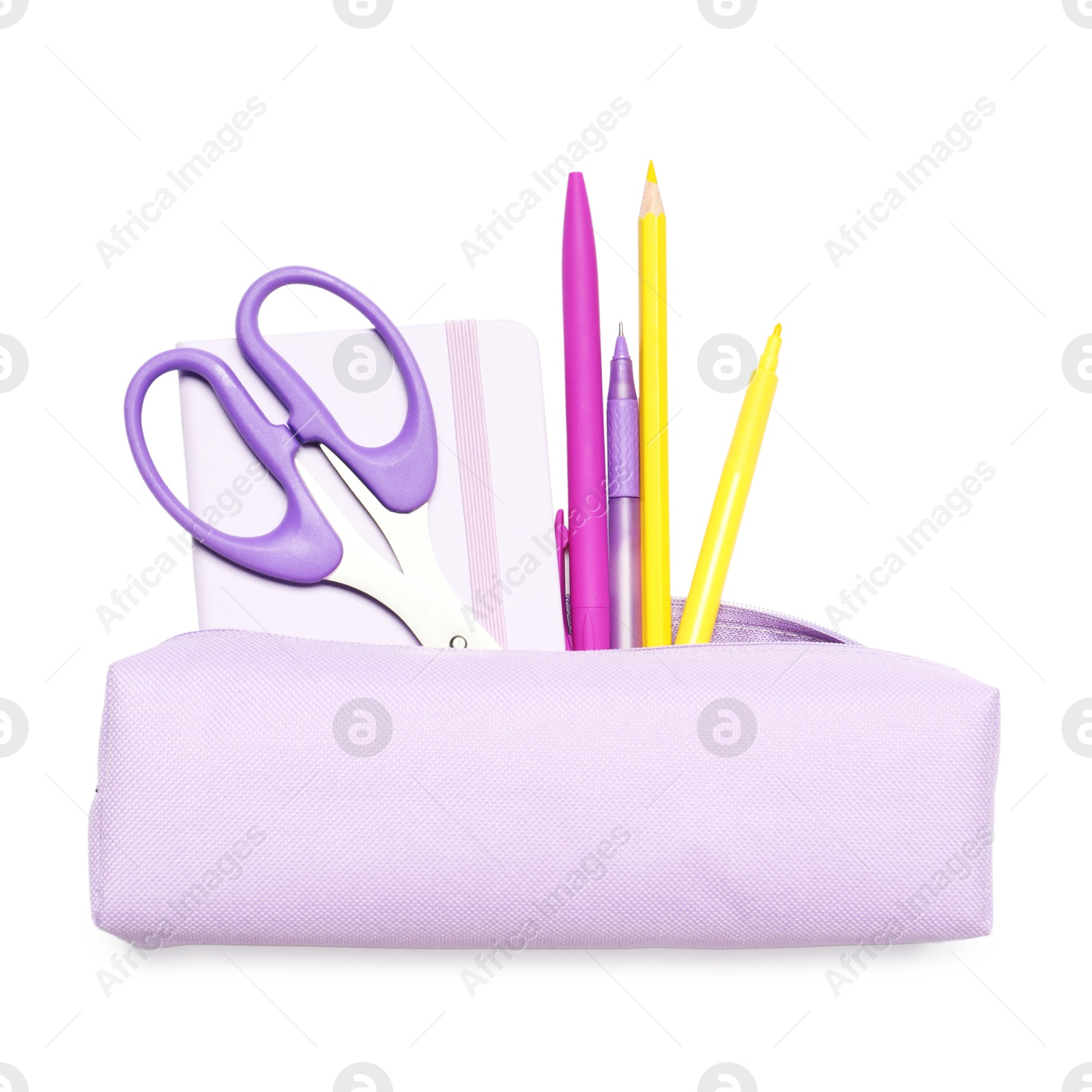 Photo of Pencil case with different stationery isolated on white, top view