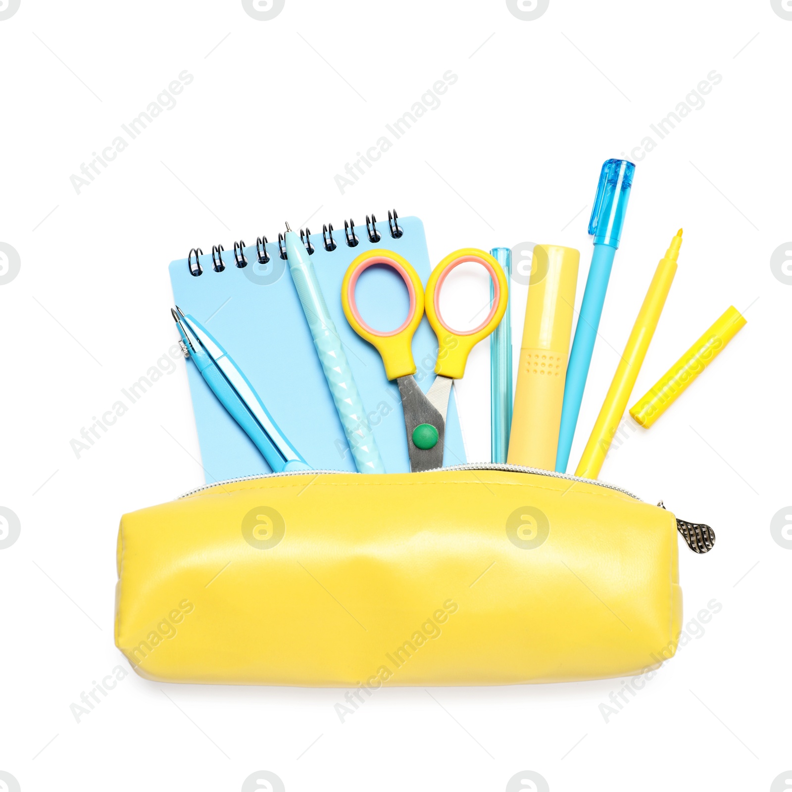 Photo of Pencil case with different stationery isolated on white, top view