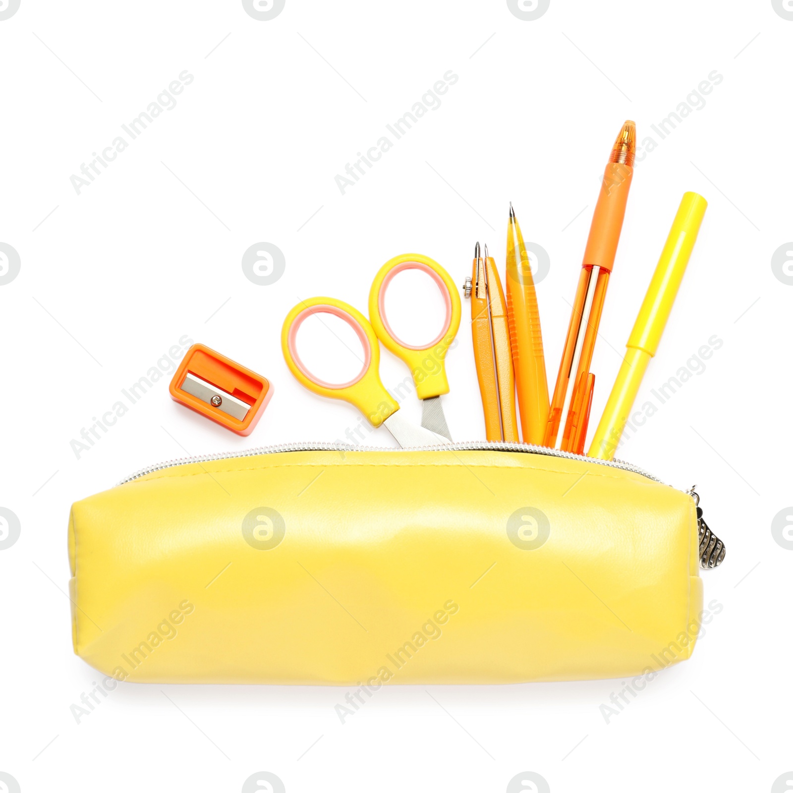 Photo of Pencil case with different stationery isolated on white, top view