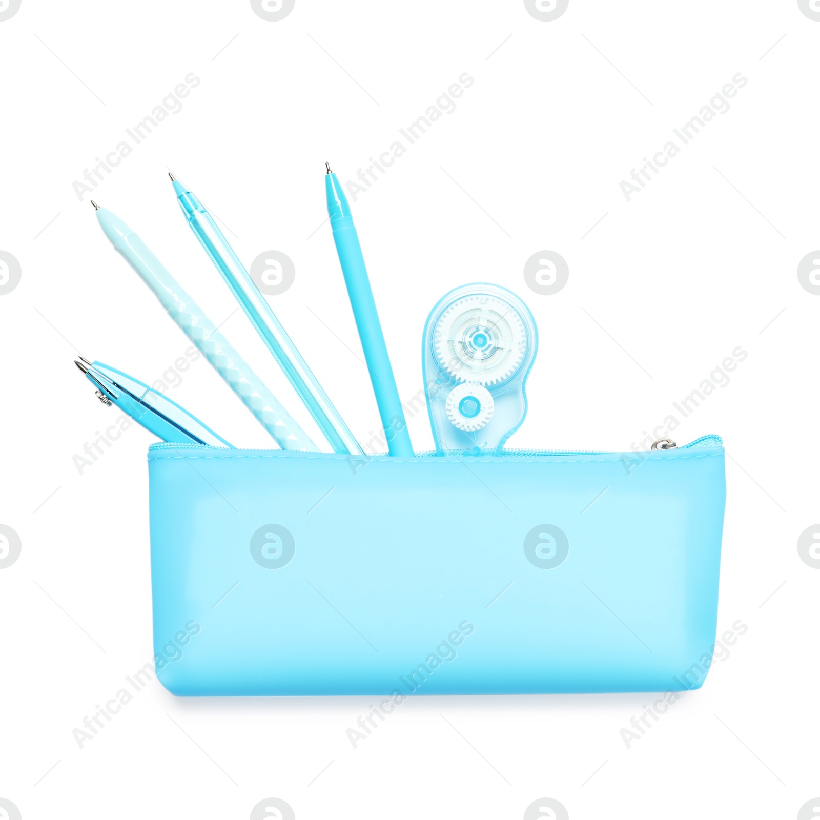 Photo of Pencil case with different stationery isolated on white, top view