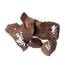 Photo of Pieces of chocolate with salt isolated on white, top view