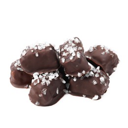 Photo of Tasty chocolate candies with salt isolated on white