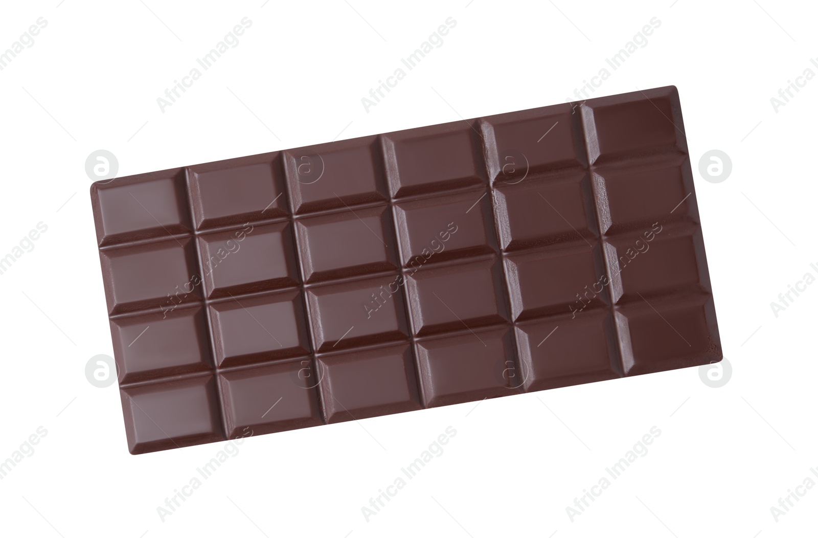 Photo of Delicious dark chocolate bar isolated on white, top view