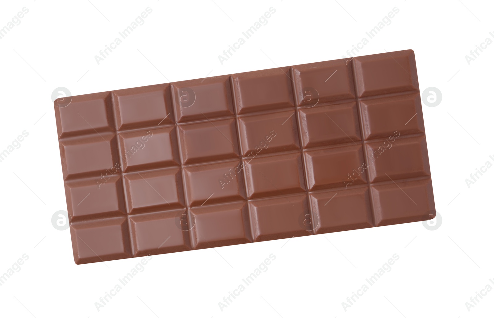 Photo of Delicious milk chocolate bar isolated on white, top view