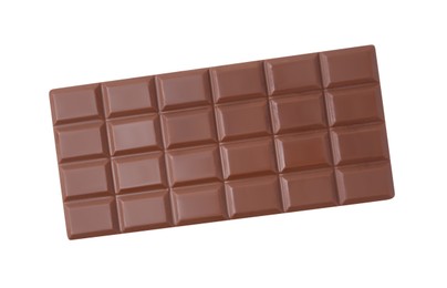 Photo of Delicious milk chocolate bar isolated on white, top view