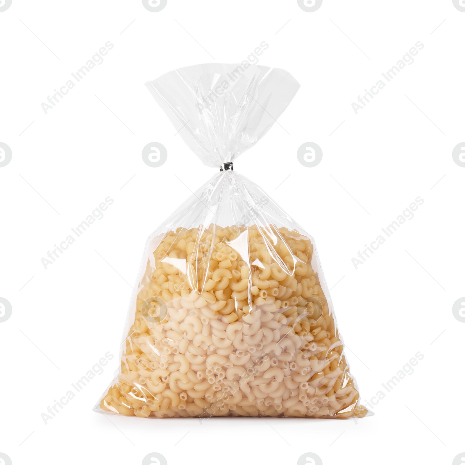 Photo of Plastic bag with pasta isolated on white