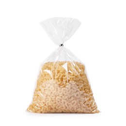 Photo of Plastic bag with pasta isolated on white